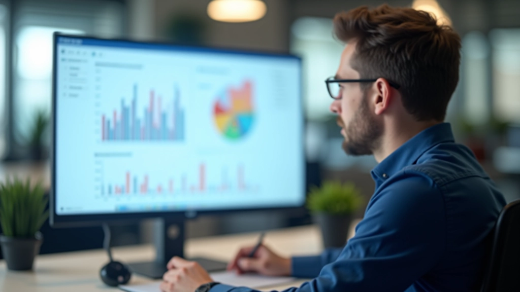 Professionele analyst kijkt naar website analytics op groot scherm, kantoorsetting met grafieken zichtbaar