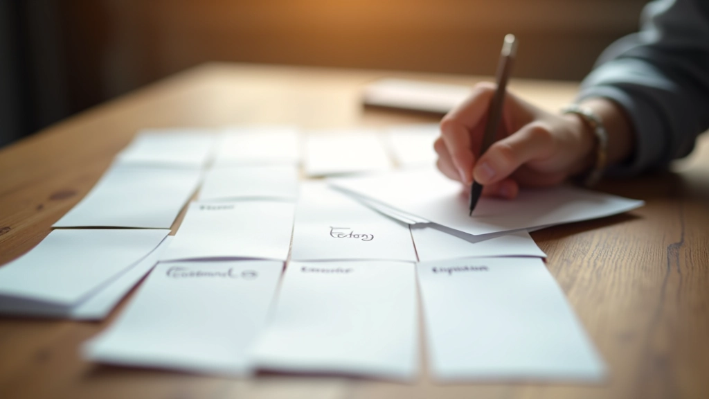 Close-up van kaarten op een tafel met categorieën erop geschreven, verschillende handschriften die notities maken