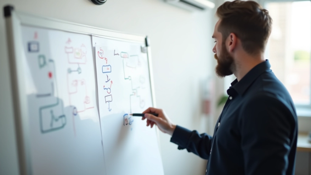 UX-ontwerper tekent breadcrumb flow diagram op whiteboard met potlood, ontwerp proces, kleurrijke notities