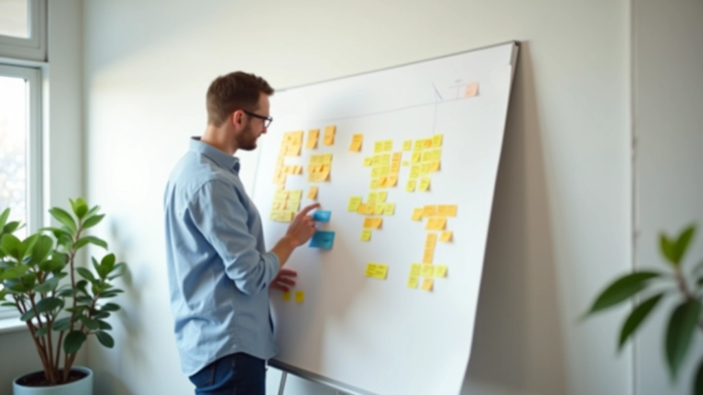 Designer werkt aan sitemap-structuur met sticky notes op whiteboard, moderne kantoorsetting
