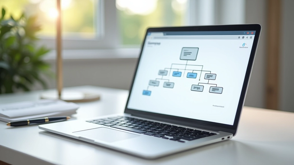Laptop scherm toont een sitemap diagram met drie niveaus duidelijk weergegeven, op een wit bureau met potlood ernaast