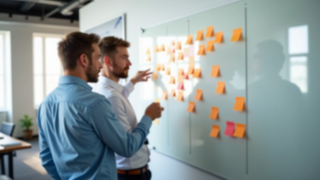 Sticky notes met categorienamen op een whiteboard, met lijnen die verbindingen tonen, twee mensen brainstormen ernaast in een creatieve ruimte