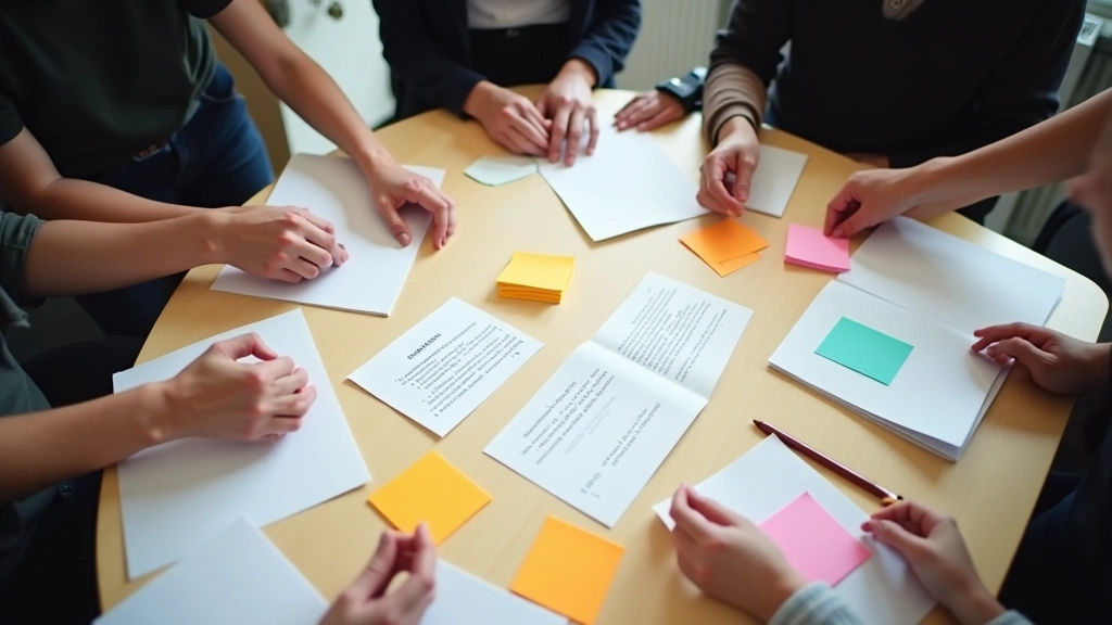 Gebruikerstesten met kaarten gesorteerd op tafel, notities en sticky notes, groepswerk sessie