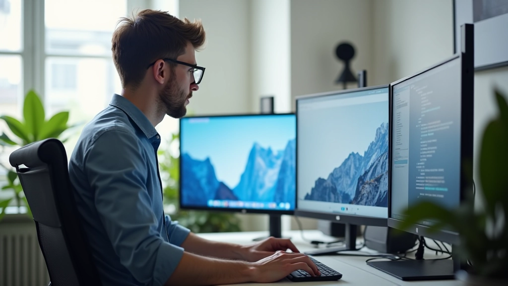 Designer aan werkstation met twee monitoren, waarop navigatieontwerpen zichtbaar zijn, heldere studio-verlichting, scherpe focus